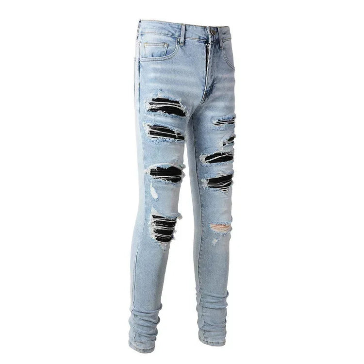 High Street Jeans Patch Hand-worn Holes Slim Skinny Jeans for Men PlatiNum