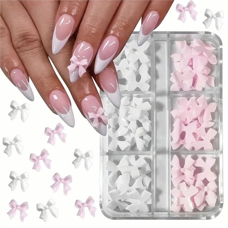 30Pcs/box 3D White & Pink Bows Nail Art Charms 6gird Cute Bowknots Ribbon Nail Rhinestones Resin Bowtie Manicure Decoration #R5!