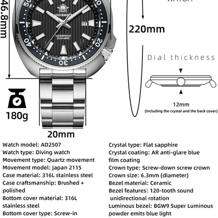 ADDIESDIVE Men's Diving Watch 200 Waterproof Sapphire Glass Quartz Watch BGW9 Luminous Stainless Steel Business Fashion Watch