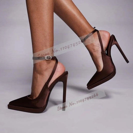 Coffee Brown Satin Platform Pointed Toe Pumps Stiletto Heels Slingback Buckle Strap Banquet Dress Shoes Elegant Shallow Footwear