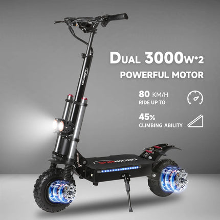 Monopattino Elettrico X10 6000W Doppio Motore Batteria 60V-38AH Velocità Massima 80km/h Autonomia Massima 80km Pieghevole Pneumatici da 11 Pollici Carico Massimo 400kg
