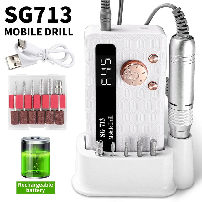Electric Nail Drill - 45000RPM Portable Nail Drill-Rechargeable Nail E-File Kit With 6 Bits & Base-LED Screen-Ultra-Silent