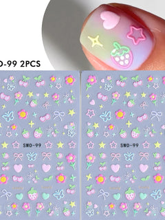 2Pcs Kawaii Nail Art Stickers Simple Flower Heart Cherry Strawberry Bow Butterfly Colorful Decals for DIY Manicure Nail Salon Beauty Decoration Supply