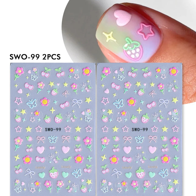2Pcs Kawaii Nail Art Stickers Simple Flower Heart Cherry Strawberry Bow Butterfly Colorful Decals for DIY Manicure Nail Salon Beauty Decoration Supply