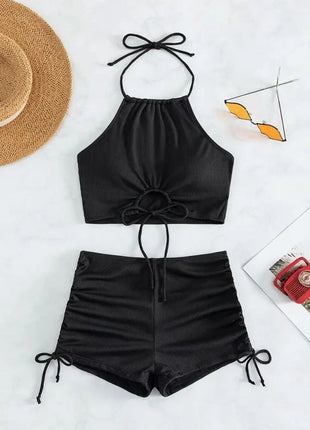 Bikini sexy a vita alta con lacci, set due pezzi da donna, costume da bagno sdoppiato, bikini da spiaggia, nuovo, per tutte le stagioni, tinta unita, senza schienale PlatiNum