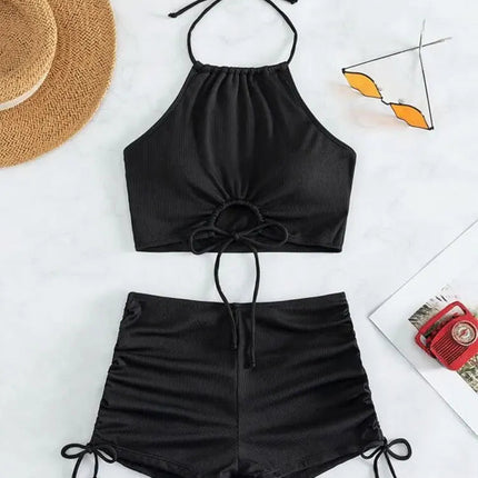 Bikini sexy a vita alta con lacci, set due pezzi da donna, costume da bagno sdoppiato, bikini da spiaggia, nuovo, per tutte le stagioni, tinta unita, senza schienale PlatiNum