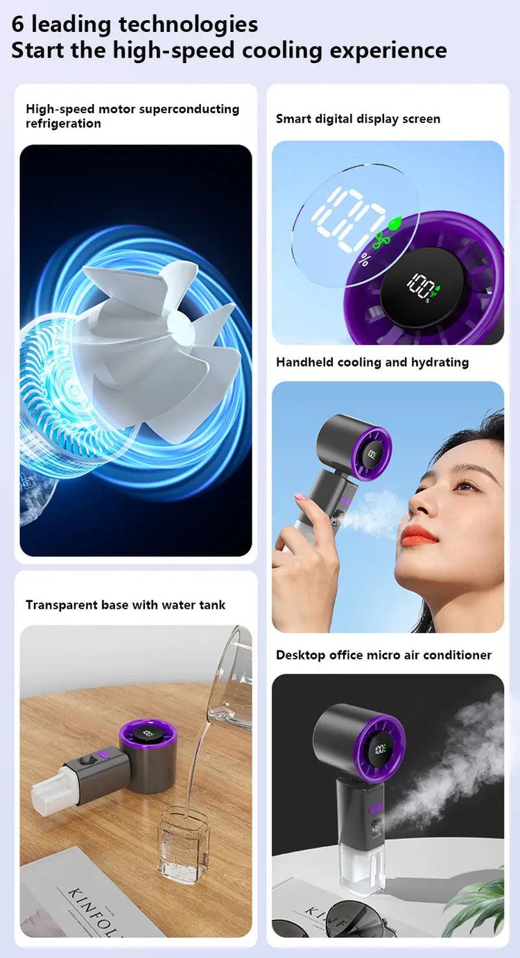 Ventilatore Portatile a Spruzzo con Vento Forte e Nebulizzatore d'Acqua, Ventilatore Portatile Silenzioso con Nebulizzazione, Ventilatore Pieghevole Ricaricabile USB di Piccole Dimensioni
