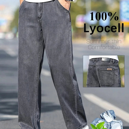 Jeans Larghi da Uomo in Lyocell Sottile, Morbidi e Comodi, Pantaloni alla Moda Primaverili ed Estivi, Denim Lavato di Marca