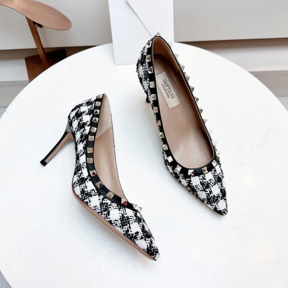 Women's High Heels Black Genuine Leather Rivet Pointed toe pumps luxury designer high quality Shoes Elegant woman heeled shoes