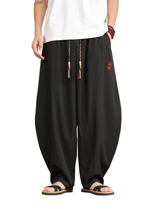 Pantaloni neri da uomo estivi leggeri e larghi in stile retrò giapponese, pantaloni harem casual traspiranti e comodi con elastico in vita