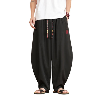 Pantaloni neri da uomo estivi leggeri e larghi in stile retrò giapponese, pantaloni harem casual traspiranti e comodi con elastico in vita