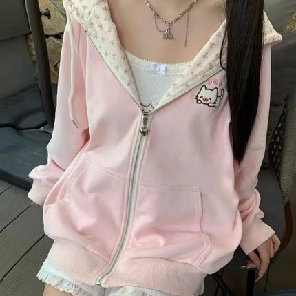 Y2k Hoodies Green Kawaii Cat Floral Print Hooded Zip-up Woman Sweatshirts Pink Thin Jacket Spring Fall Clothes Cute Streetwear