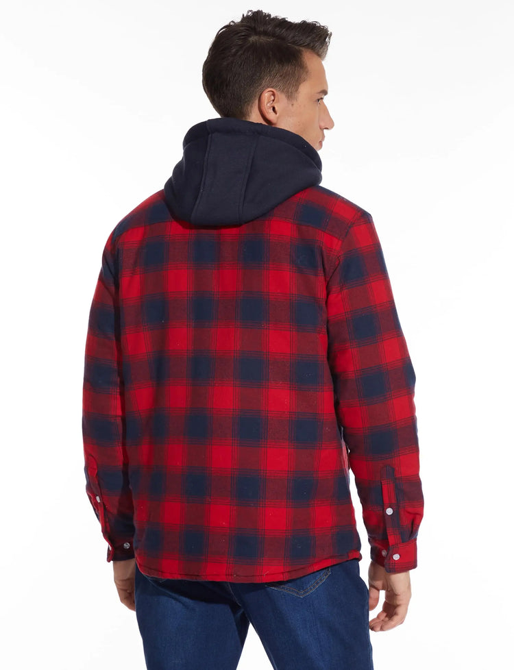 TACVASEN Men's Flannel Shirt Jacket with Removable Hood Plaid Quilted Lined Winter Coats Thick Hoodie Outwear Man Fleece Shirts