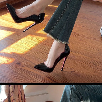 2024 Nuova Primavera/Estate 12 centimetri Bocca Ultra Superficiale Nero Rosso Fondo Tacchi Alti Tacchi Sottili delle Donne Sexy A Punta Grandi Singoli scarpe
