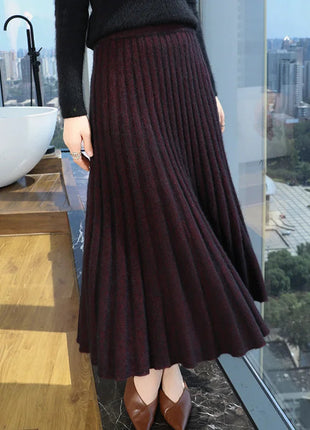 Autumn And Winter Fashion Mink Cashmere Mid Length High Waist Skirt For Women, Knitted Umbrella Skirt, Fashionable Pleated Skirt PlatiNum
