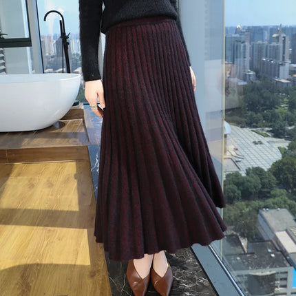 Autumn And Winter Fashion Mink Cashmere Mid Length High Waist Skirt For Women, Knitted Umbrella Skirt, Fashionable Pleated Skirt PlatiNum