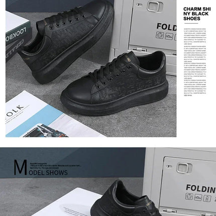 2026 Men's Casual Shoes Spring and Autumn Flat-soled Casual Leather Shoes Sports Shoes Black and White Men's Thick-soled Shoes