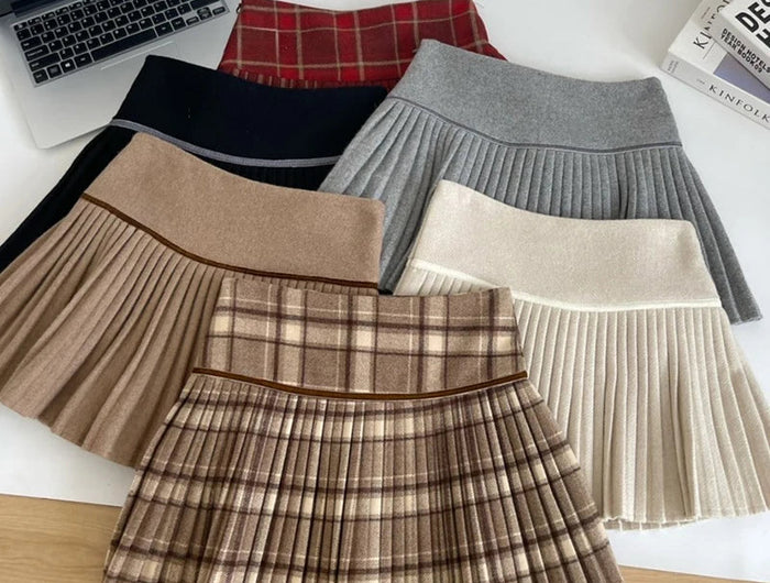 Plaid Pleated Mini Skirt Thick Wool Short Skirt High Waist Box-pleat Miniskirt for Women Teen-girl Preppy Style Outfit PlatiNum