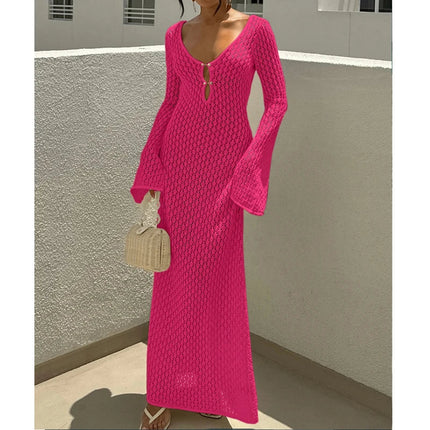 Nuovo stile lavorato a maglia scava fuori scollo a V abito a maniche lunghe da donna vacanza al mare bikini senza schienale copricostume protezione solare abito lungo platinumshop