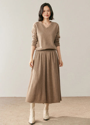 High quality Women's 100% Cashmere High Waisted Umbrella Skirt Autumn Winter Elastic Knitted Fabric Breathable Warm Soft Comfort PlatiNum