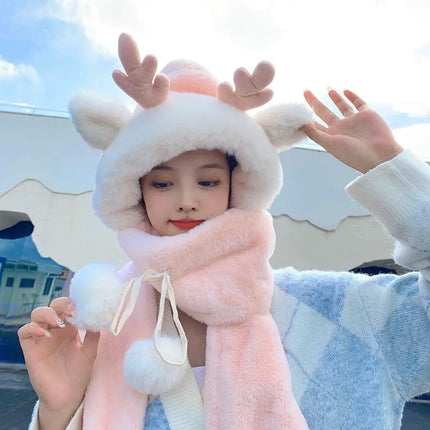 New Fashion Scarf Hat Glove Women Cute Big Ear Bunny Beanie Winter Warm Soft Thickening Pocket Warm Ear Hats Hooded Skullie Caps