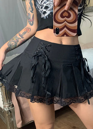 Gonna a pieghe retrò da ragazza con lacci a vita alta con cuciture a rete scozzese Orlo Y2K Minigonne nere gotiche estetiche aderenti