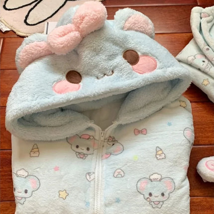 Autumn Winter Japanese Kawaii Harajuku Womens Coat Thicken Blue Sweet Cute Loose Hoodies Design Coral Fleece Korean Sweatshirts