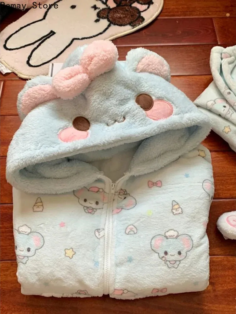 Autumn Winter Japanese Kawaii Harajuku Womens Coat Thicken Blue Sweet Cute Loose Hoodies Design Coral Fleece Korean Sweatshirts