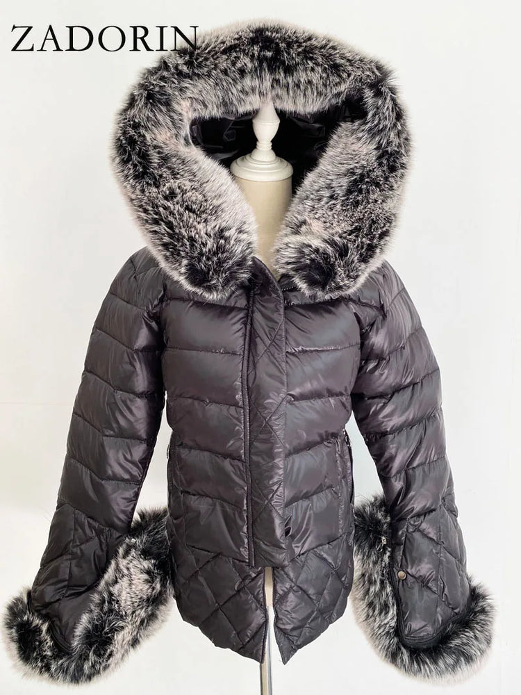 ZADORIN 2025 Trend White Duck Down Patchwork Faux Fur Jacket Women Winter Warm Big FAUX Raccoon Fur Hood Women Faux Fur Coat