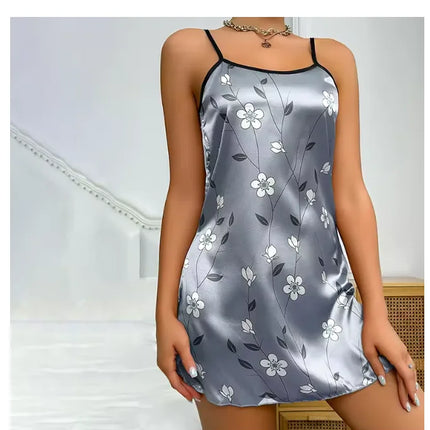 Women's Nightwear Summer Floral Print Satin Nightgown Casual Sleeveless Backless Nightdress Sexy Nightwear Home Clothes