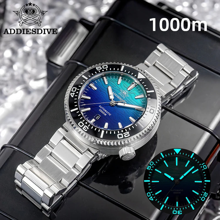 ADDIESDIVE 46mm Men Automatic Watch Sapphire Gradient Ice Hockey 1000m Dive Waterproof Mechanical Watch Ceramic Bezel Luminous