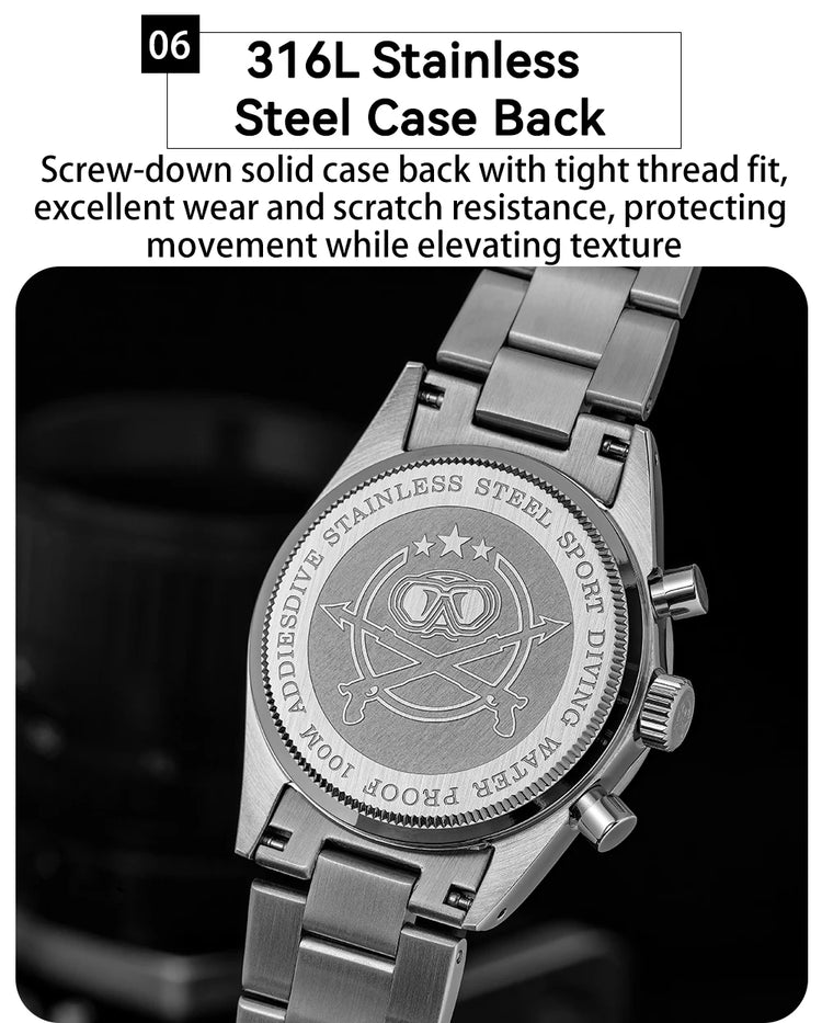 ADDIESDIVE Chronograph Watch For Men 10Bar Waterproof 316L Stainless Steel 0S20 C3 Vintage Luminous Luxury  Quartz Watch AD2552