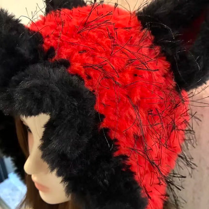 Custom Hand‑Crocheted Black Red Fox Ear Hood Women Soft Knitted Long Ties Beanie Gothic Unisex Dark Fairy Winter Warm Accessory