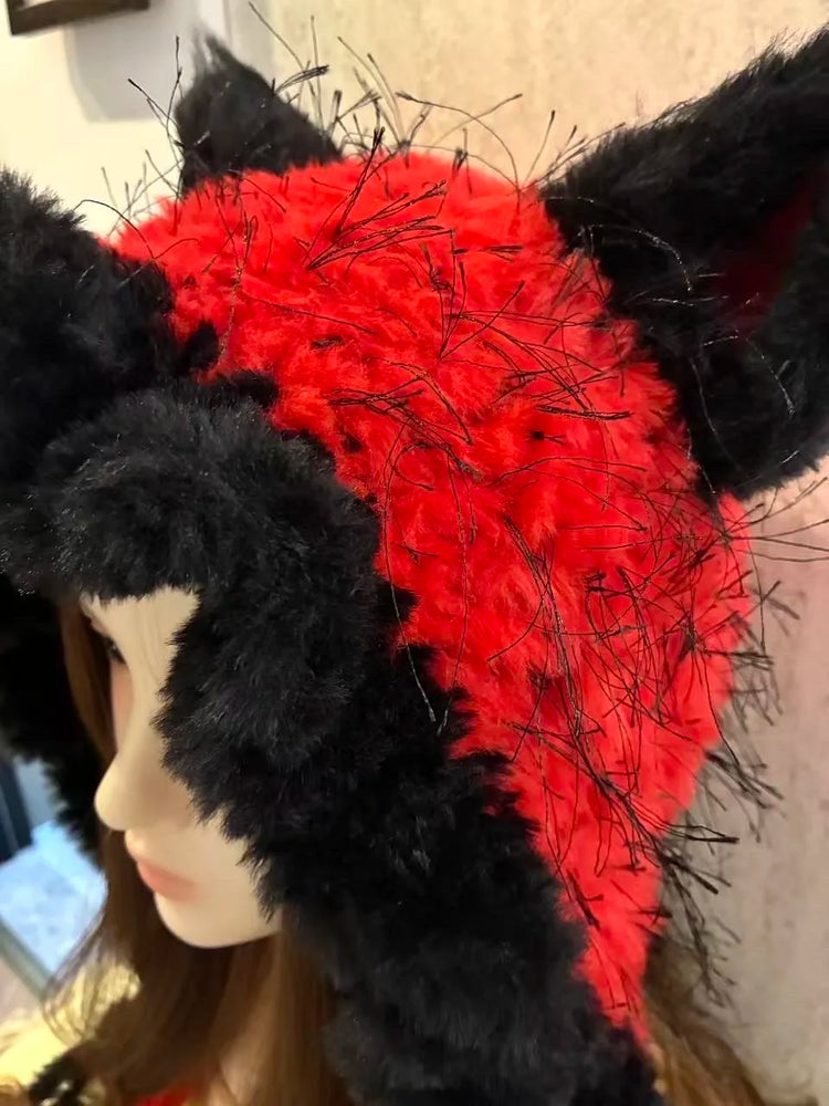Custom Hand‑Crocheted Black Red Fox Ear Hood Women Soft Knitted Long Ties Beanie Gothic Unisex Dark Fairy Winter Warm Accessory