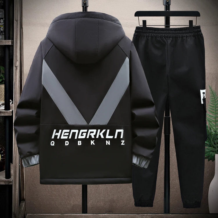 Winter Tracksuit Men Warm Sports Printed Thick Suit Mens Casual Hooded jacket+Pants Sweatsuit Male 2 Piece Sportswear