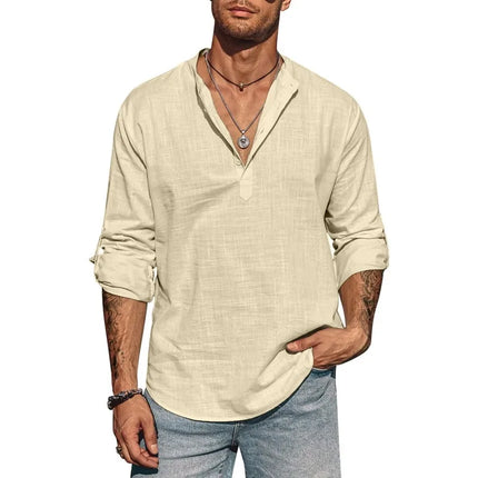 Men's Cotton Long Sleeve Mandarin Collar Linen Shirt Lightweight Breathable T-Shirt Streetwear Hawaiian Half Shirt Big