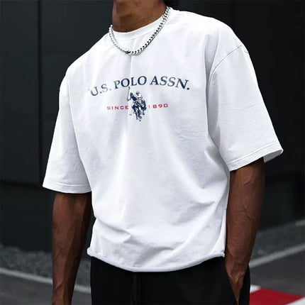 Men's Cotton T-Shirt Simple Style Polo Letter Graphic Print Casual Crew Neck Short Sleeve Men's Top Free Shipping