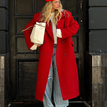 Elegant Women's Woolen Overcoat Solid Lapel Double Breasted Full Sleeve Long Coat 2026 Autumn Winter Fashion Lady Outwear