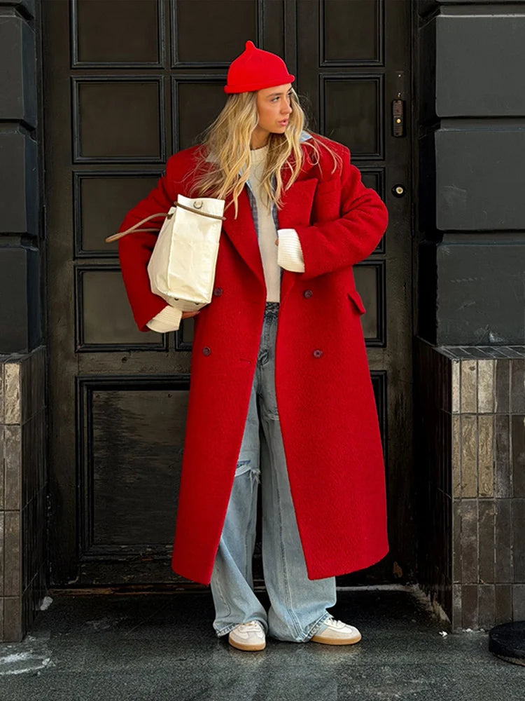 Elegant Women's Woolen Overcoat Solid Lapel Double Breasted Full Sleeve Long Coat 2026 Autumn Winter Fashion Lady Outwear
