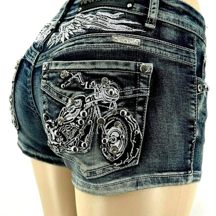 Women Rider Motorcycle Wing Rivet Embroidery Shorts Y2k Vintage Gothic Hot Girl Sexy Washed Denim Shorts Low Waist Mini Skirts PlatiNum