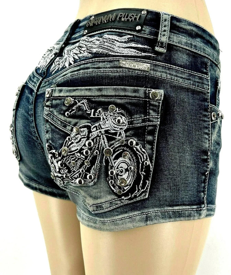 Women Rider Motorcycle Wing Rivet Embroidery Shorts Y2k Vintage Gothic Hot Girl Sexy Washed Denim Shorts Low Waist Mini Skirts PlatiNum