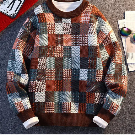 New Fashion Men Plaid Pullover Winter Sweaters Outwear Loose Casual Knitted Sweaters Male O-neck Pullovers Sweatercoats Size 4XL