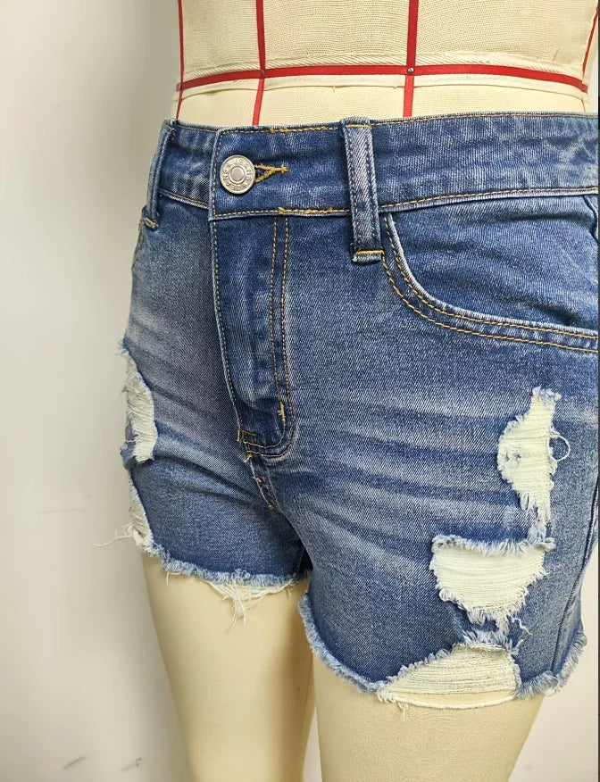Ripped Raw Denim Shorts For Women Fashion A-line Hem Female Summer Hot Pants Streetwear Blue Clothing Skinny Sexy Retro Leisure PlatiNum