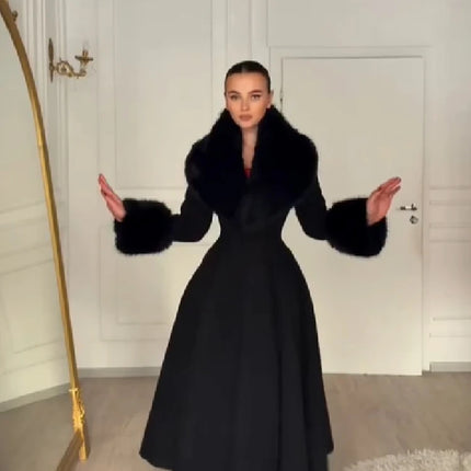 Women Elegant Long Wool Blend Coat Faux Fur Big Collar Cuff Cinched Waist Flare A‑line Maxi Coat Retro Party Outerwear Overcoat