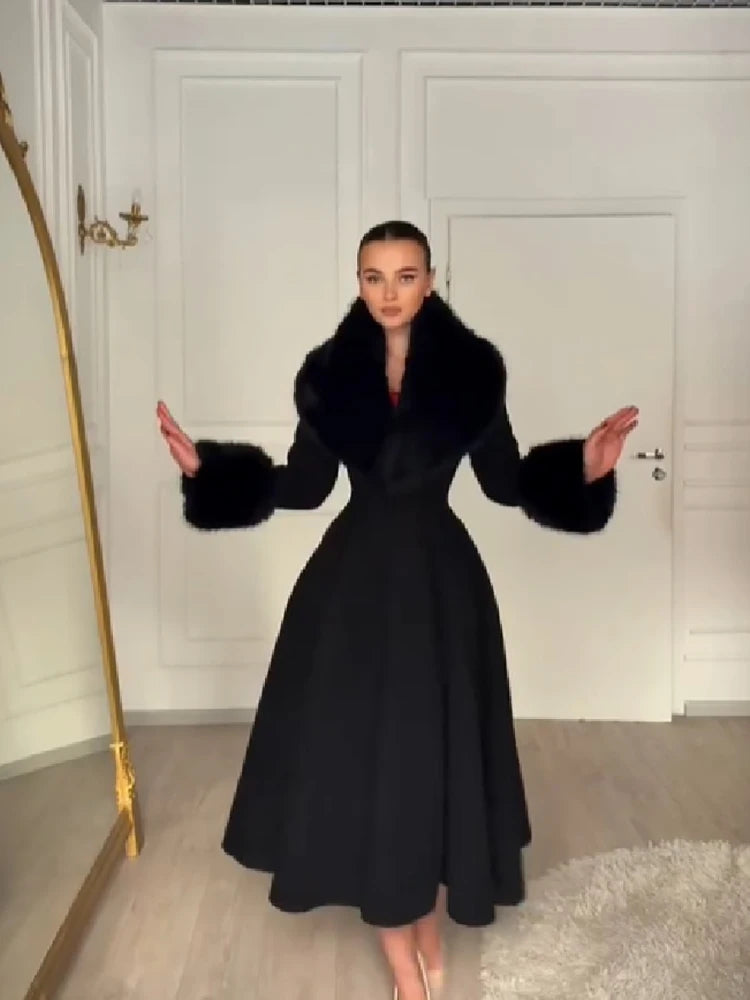 Women Elegant Long Wool Blend Coat Faux Fur Big Collar Cuff Cinched Waist Flare A‑line Maxi Coat Retro Party Outerwear Overcoat