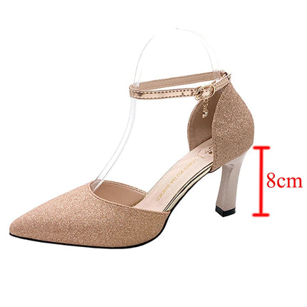 Bling Gold Silver Women Pumps 2023 Sexy Point Toe Thin Heel Party Wedding Shoes Womens Summer Ankle Strap 8cm High Heels Shoes PlatiNum