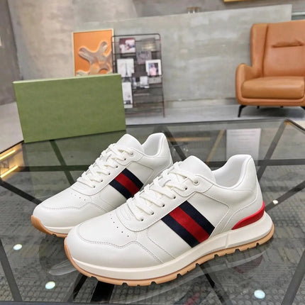 Unisex White Faux Leather Sneakers, Red Navy Web Stripe Lace Up Low Top Gum Thick Sole Casual Walking Shoes