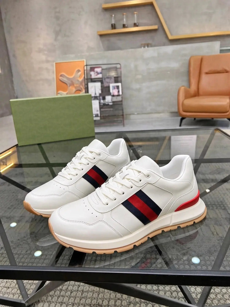 Unisex White Faux Leather Sneakers, Red Navy Web Stripe Lace Up Low Top Gum Thick Sole Casual Walking Shoes