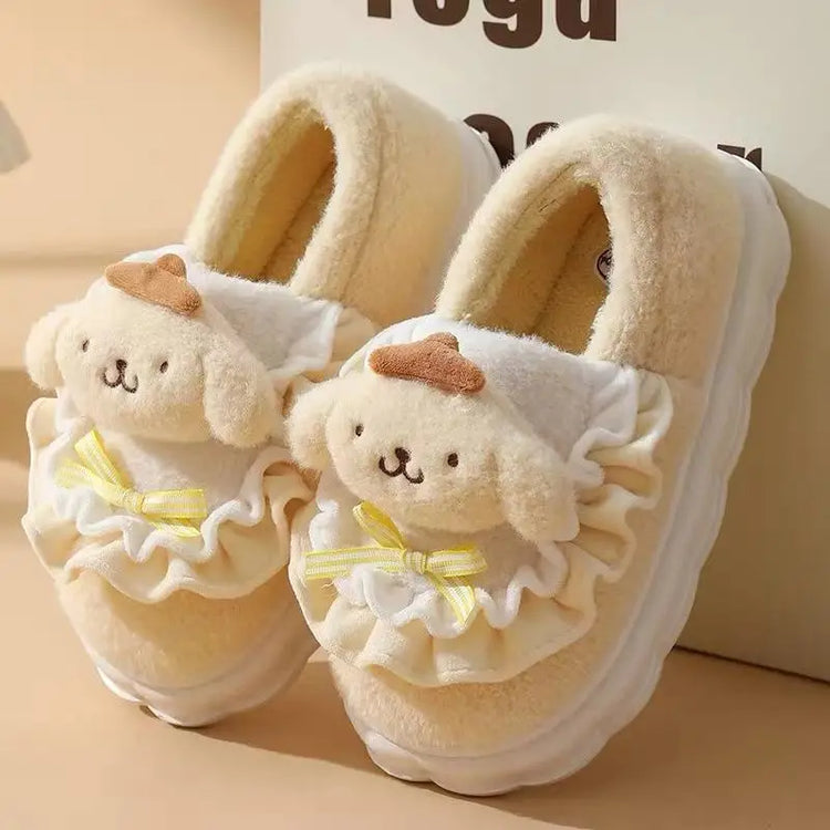 Women Cute Cartoon Plush Slippers Ruffled Lace Bow Warm Fuzzy Thick Non-Slip Sole Winter Indoor Bedroom Cozy House Shoes Girls