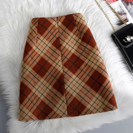 Plaid Woolen Short Skirts Women Autumn Winter New Zipper High Waist Temperament Mini Skirt Woman Retro Thicken Checked Skirts PlatiNum